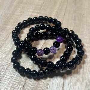 3 Pack Black Obsidian Purple Jasper Headed Bracelet Set